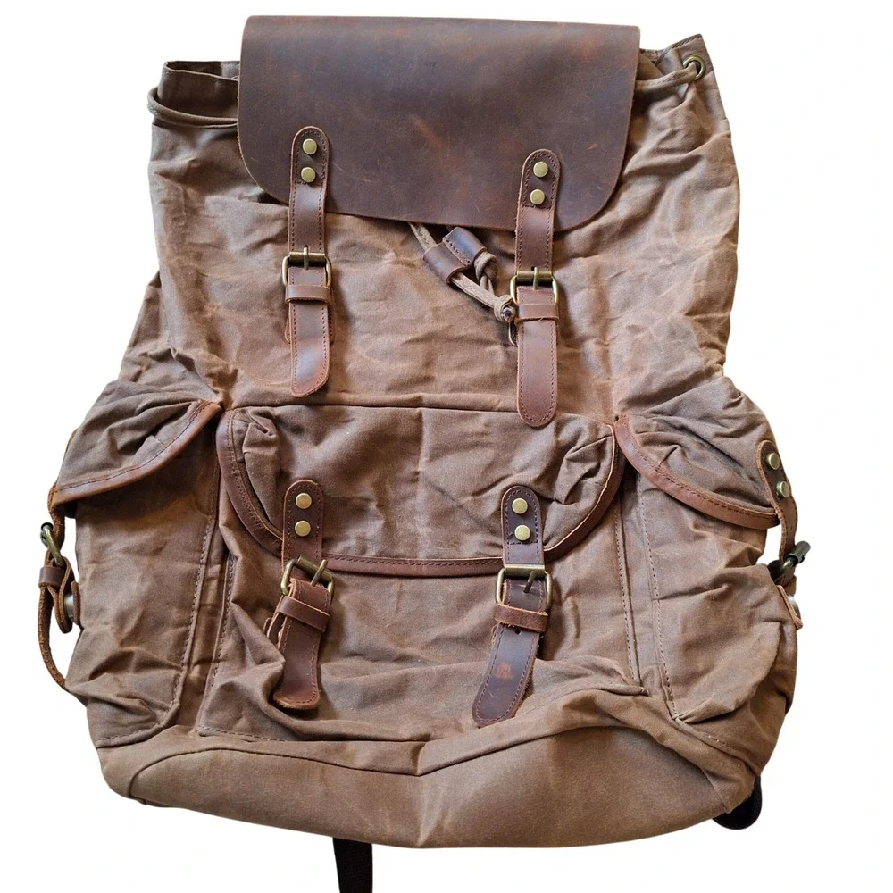 Waxed Canvas Leather Heavy Duty Rugged Backpack Rucksack Cargo Storage Hunting